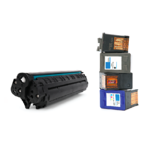 A black toner cartridge and a stack of four inkjet ink cartridges in various colors.