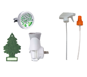 A collection of home utility items including a green tree-shaped air purifier, a white water filter pitcher, a white and gray humidifier, and an orange and white appliance part.