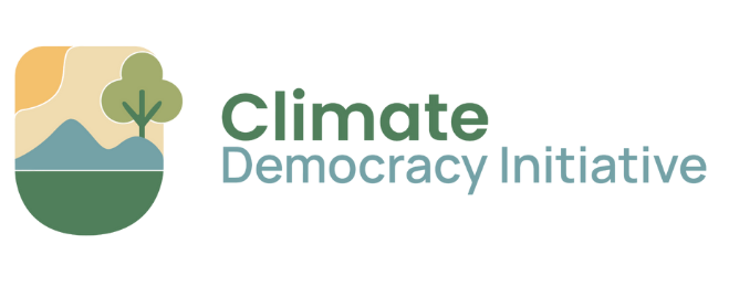 Logo of Climate Democracy Initiative featuring a tree and mountain design with the organization name.