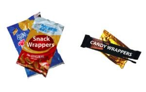 Assorted snack and candy wrappers