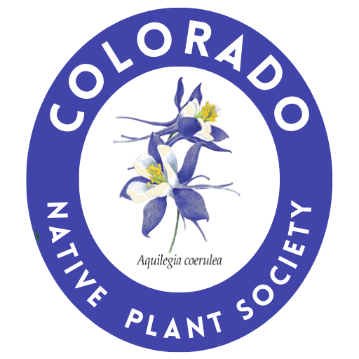 Colorado Native Plant Society logo with an illustration of the Aquilegia coerulea flower (Colorado blue columbine) in the center.