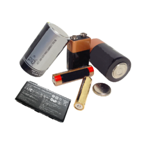 A collection of various batteries and a flashlight, including cylindrical, flat, and rectangular batteries.