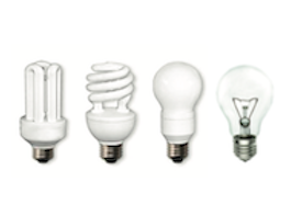 Four different types of light bulbs, including a compact fluorescent, a spiral-shaped LED, an incandescent, and an Edison-style bulb.