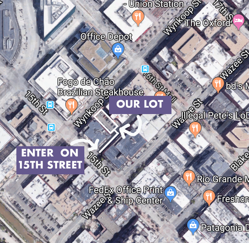 Map showing directions to a specific lot, with marked entrance on 15th Street and route details. Nearby landmarks include Office Depot, Rio Grande, Fogo de Chão Brazilian Steakhouse, and other eateries.