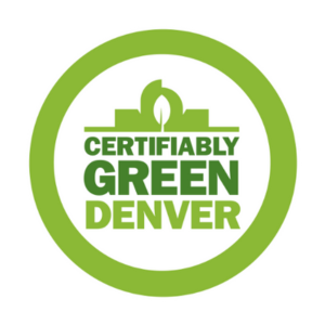 Certifiably Green Denver logo with a green circular border, a stylized building with a leaf on top, and text indicating certification for environmental friendliness in Denver.