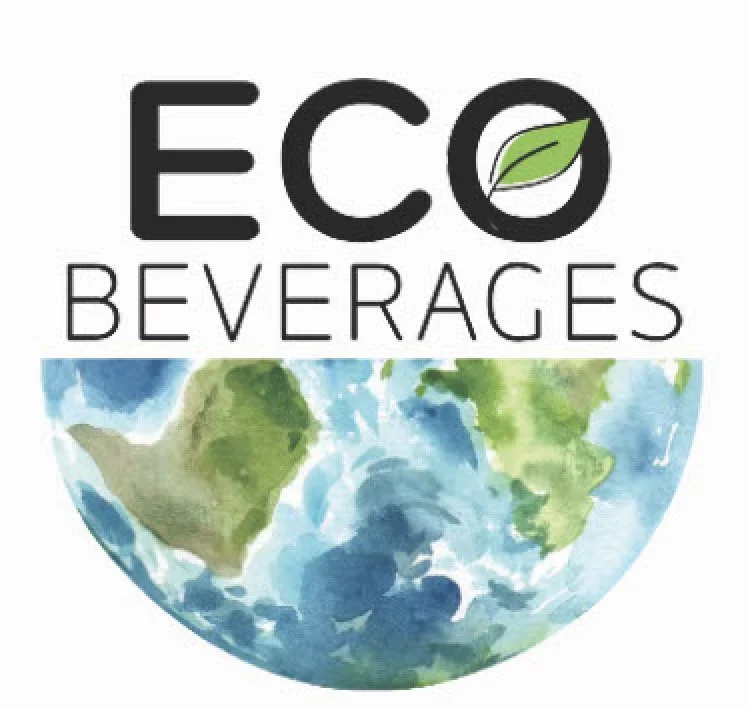Logo for Eco Beverages featuring a stylized illustration of the Earth with green landmasses and blue waters, and the words 'ECO BEVERAGES' with a leaf replacing the letter 'O' in 'ECO'.