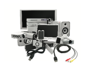 A collection of electronic gadgets including a computer monitor, speaker, and various cables and devices in black, white, and gray colors.