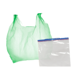 Green reusable shopping bag with handles and a clear plastic resealable bag.