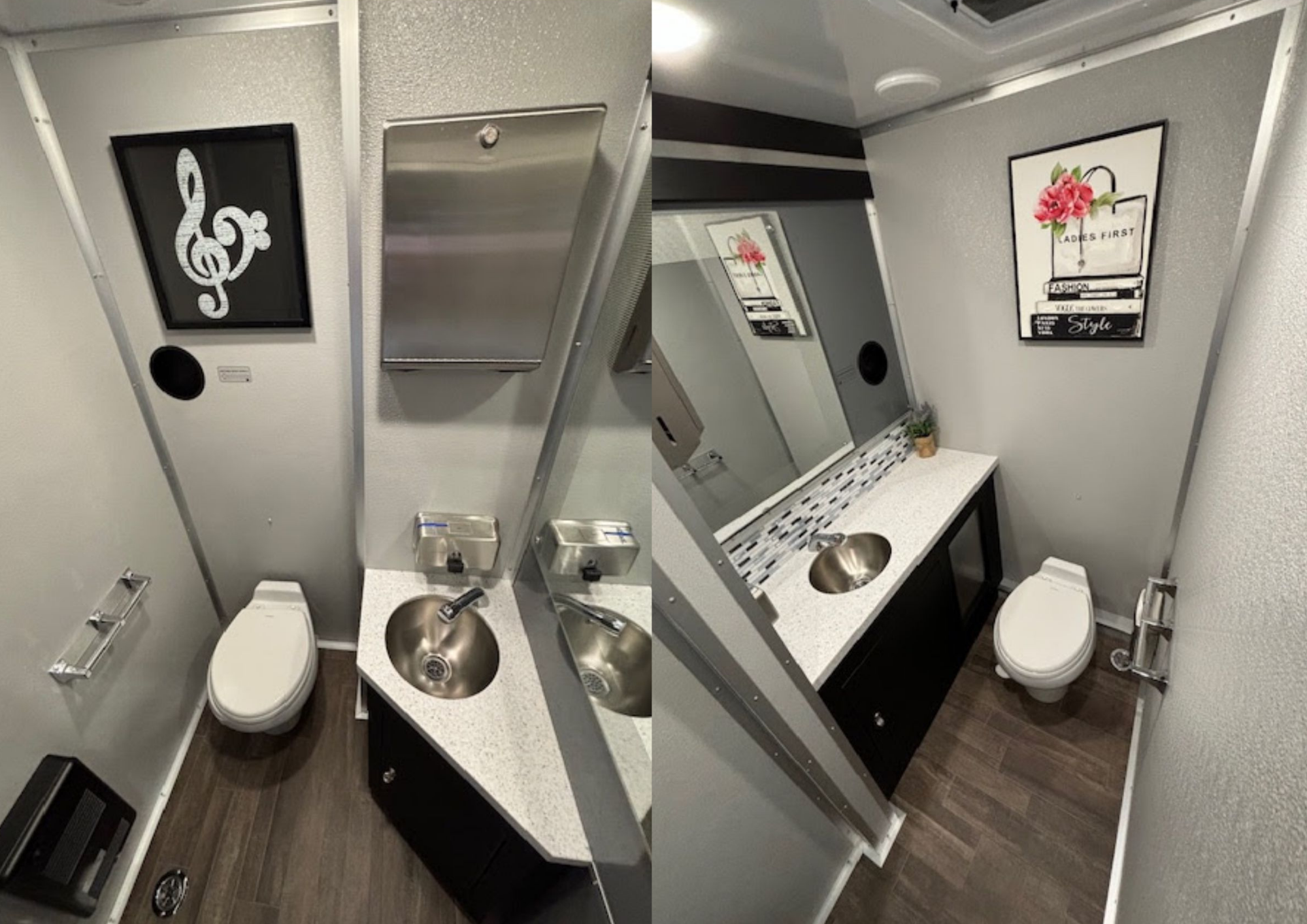 Inside amenities of a four-unit washroom trailer. There are stainless sinks, mirrors, soap dispenser, and tissue dispenser. The walls are decorated with paintings.