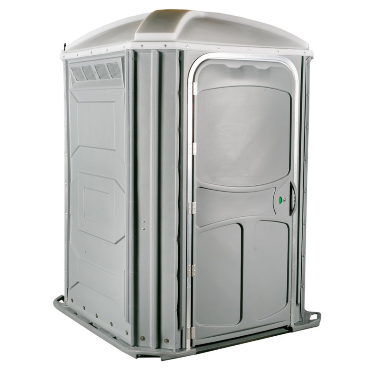 Gray portable restroom or porta-potty with closed door
