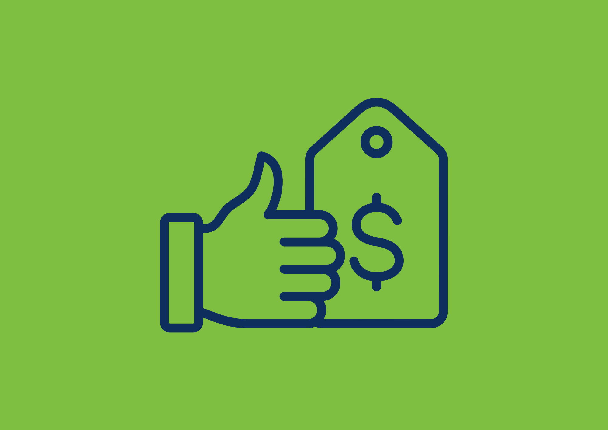 Line drawing of a hand holding a price tag with a dollar sign, on a green background.