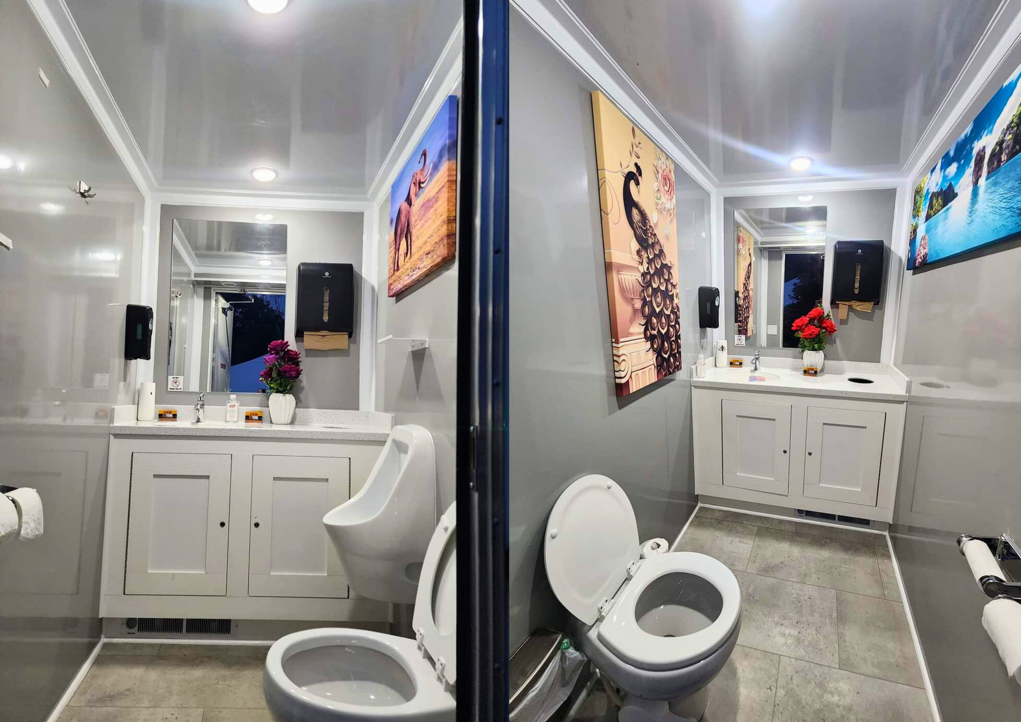 Split view of the interior of a two-unit washroom trailer with artwork, a white vanity, a toilet, and floral decor. One side shows a mirror, flowers, and a painting of an elephant; the other shows a peacock painting and a toilet.