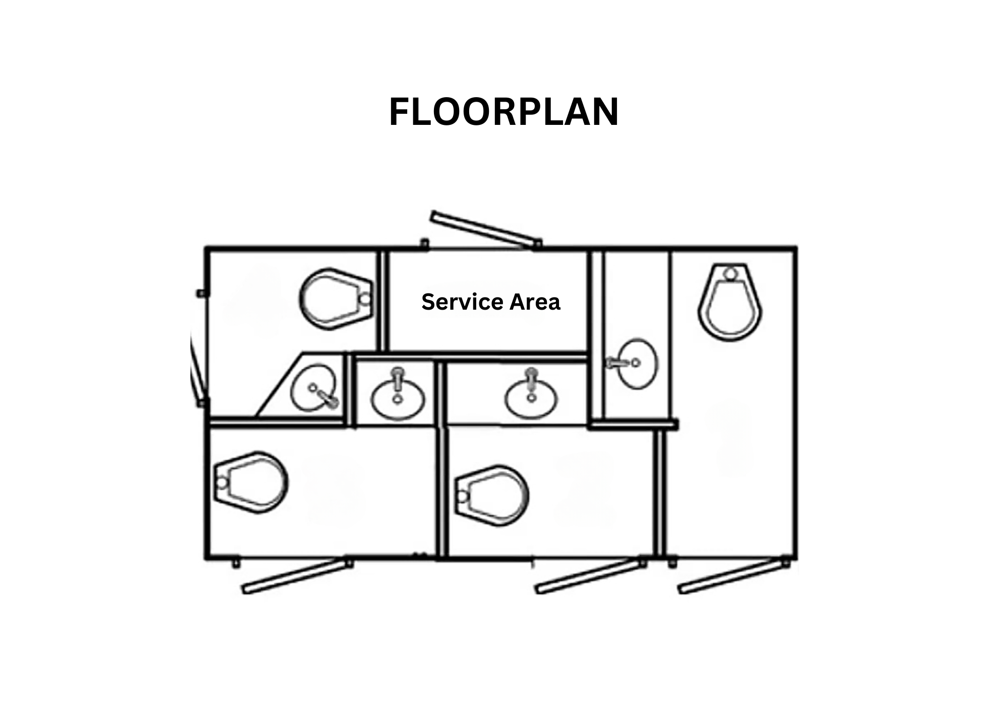 Floor plan of a four-unit washroom trailer with multiple stalls, sinks, and a service area in the center.