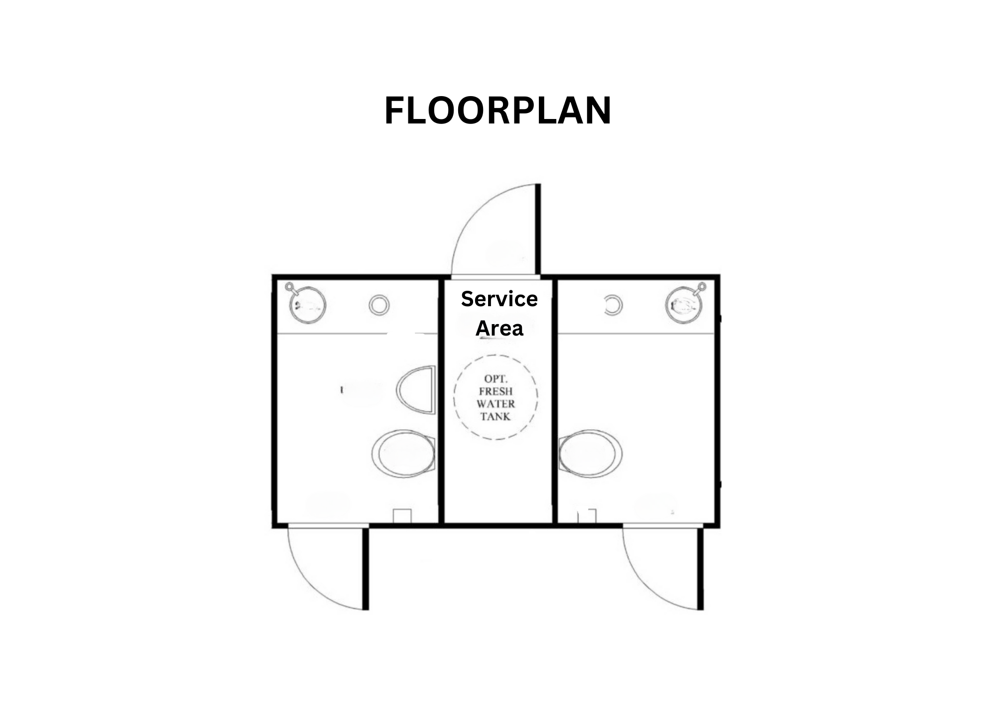 Floor plan of a two-unit washroom trailer, each containing a toilet, sink, and shower, separated by a service area with an optional fresh water tank.