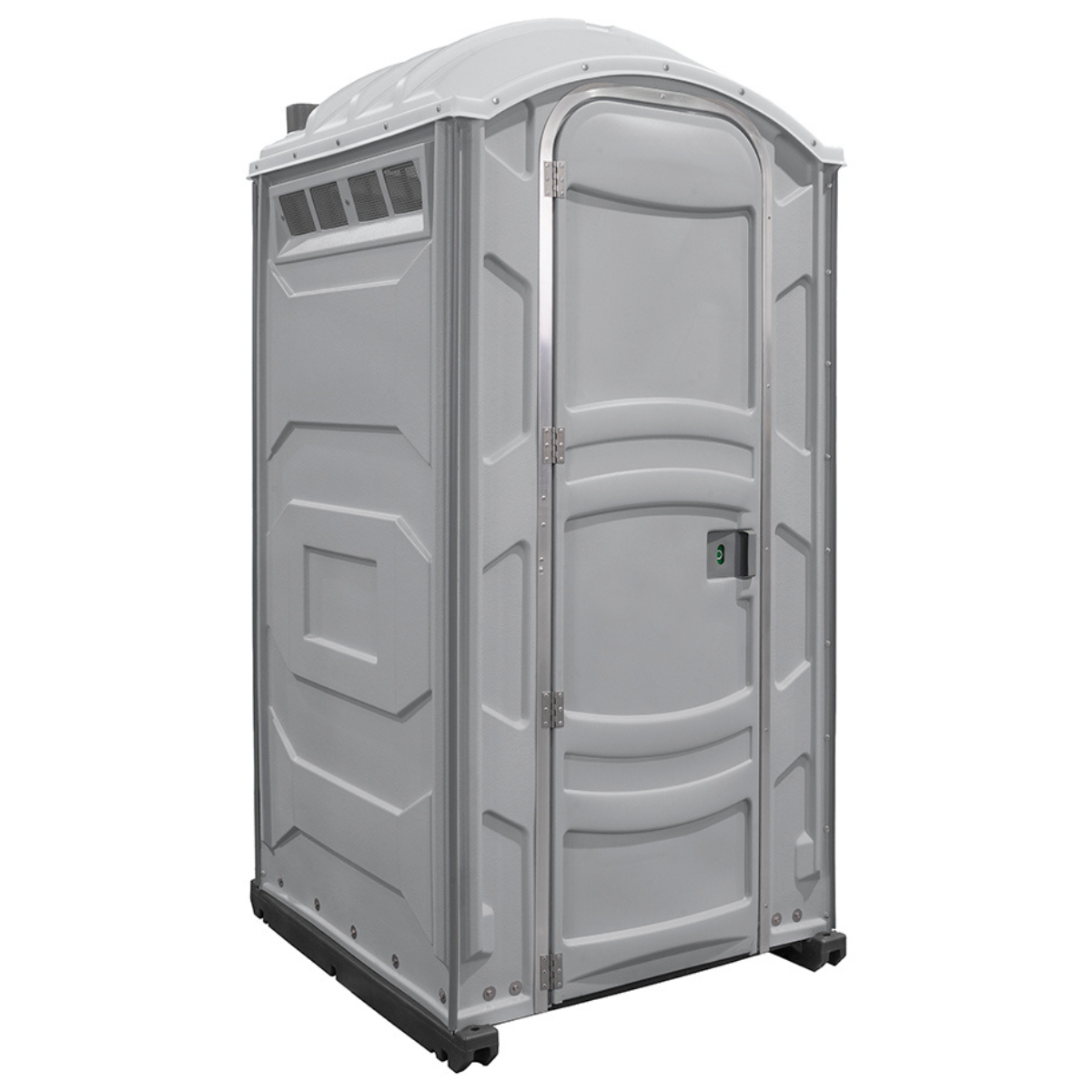 A portable restroom, also known as a porta potty, with a gray plastic exterior and a curved roof.