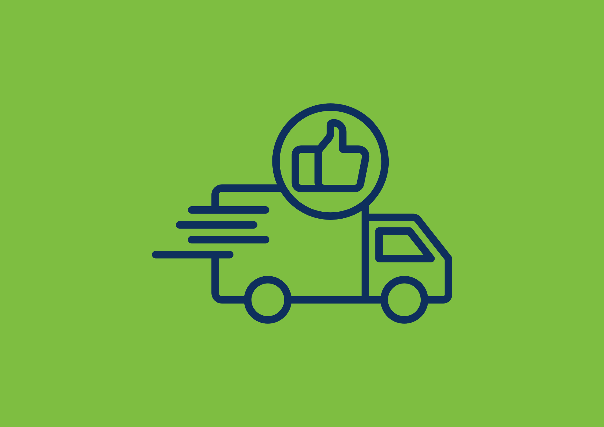 Illustration of a delivery truck with motion lines and a thumbs-up icon in a circle, on a green background.