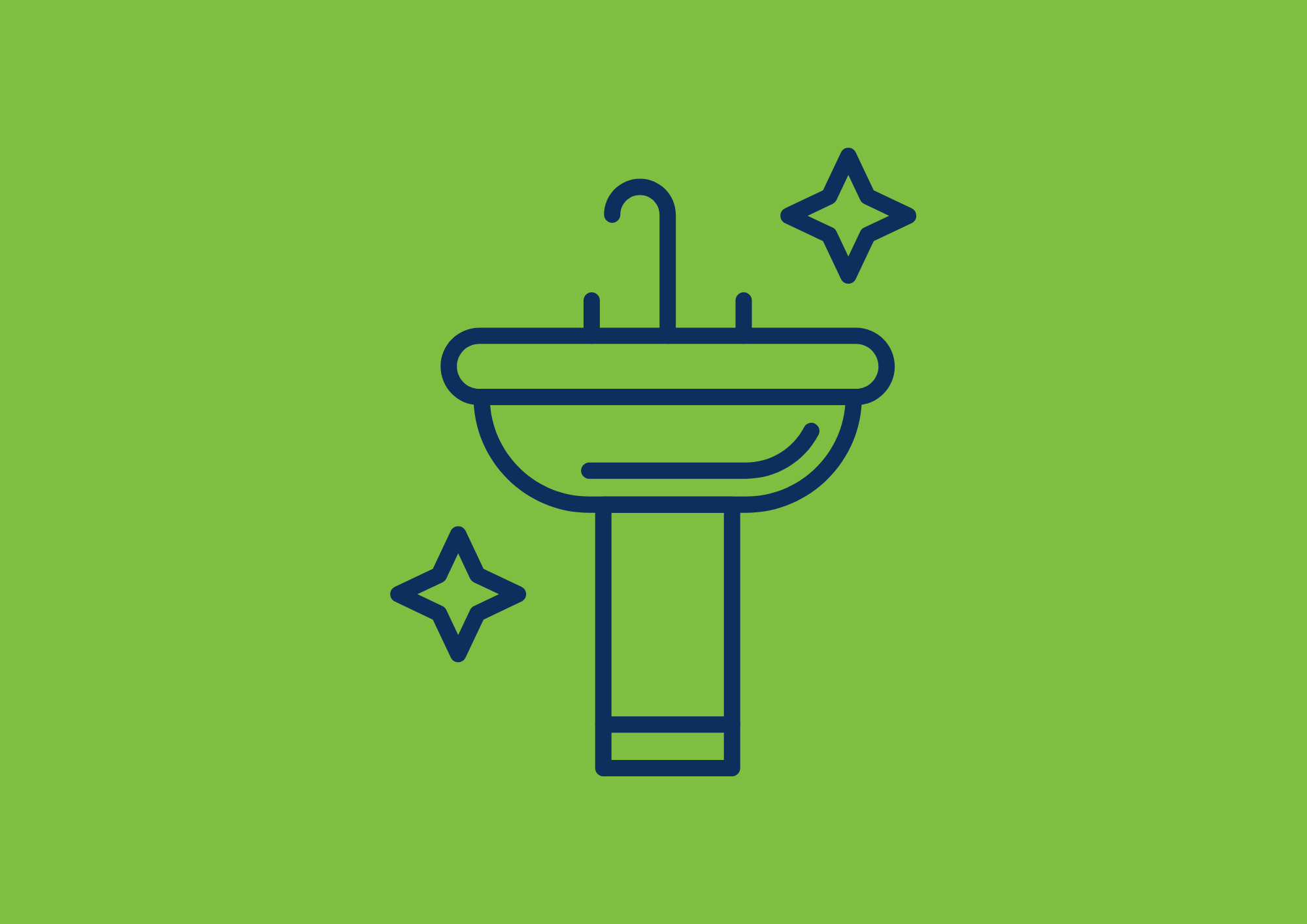 Simple line drawing of a handheld sink with a faucet and two star-shaped sparkles on a green background.