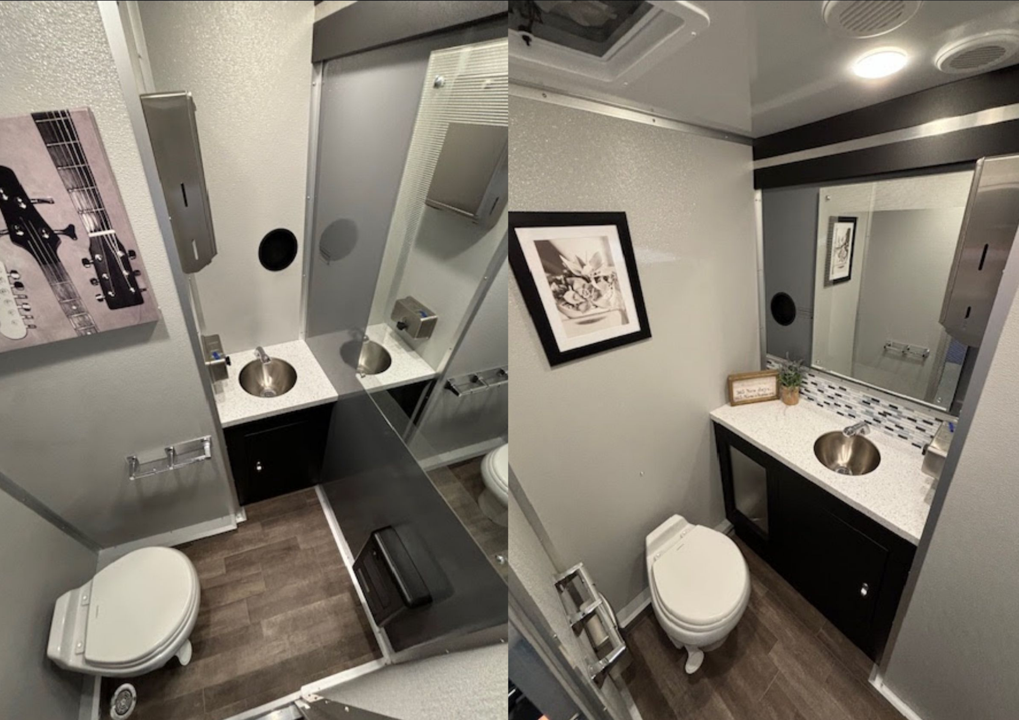 Inside amenities of a four-unit washroom trailer. There are stainless sinks, mirrors, soap, and tissue dispenser. The walls are decorated with framed paintings.