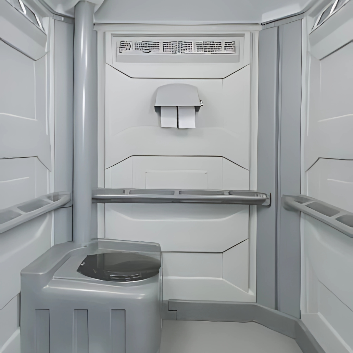 Interior of a wheelchair accessible portable toilet that is very spacious from Velpot.