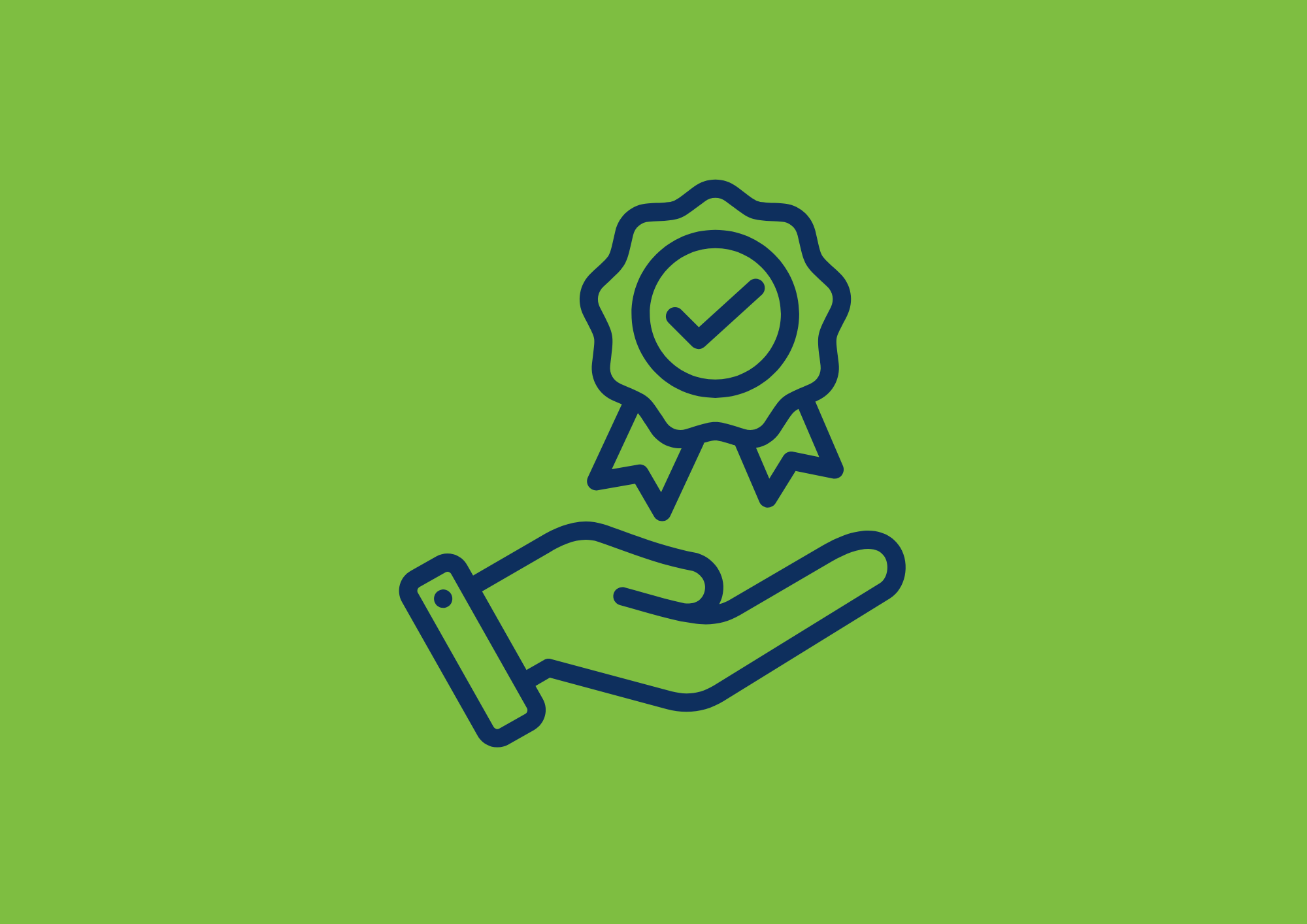Line drawing of a hand offering a medal with a checkmark, symbolizing certification or achievement, on a green background.