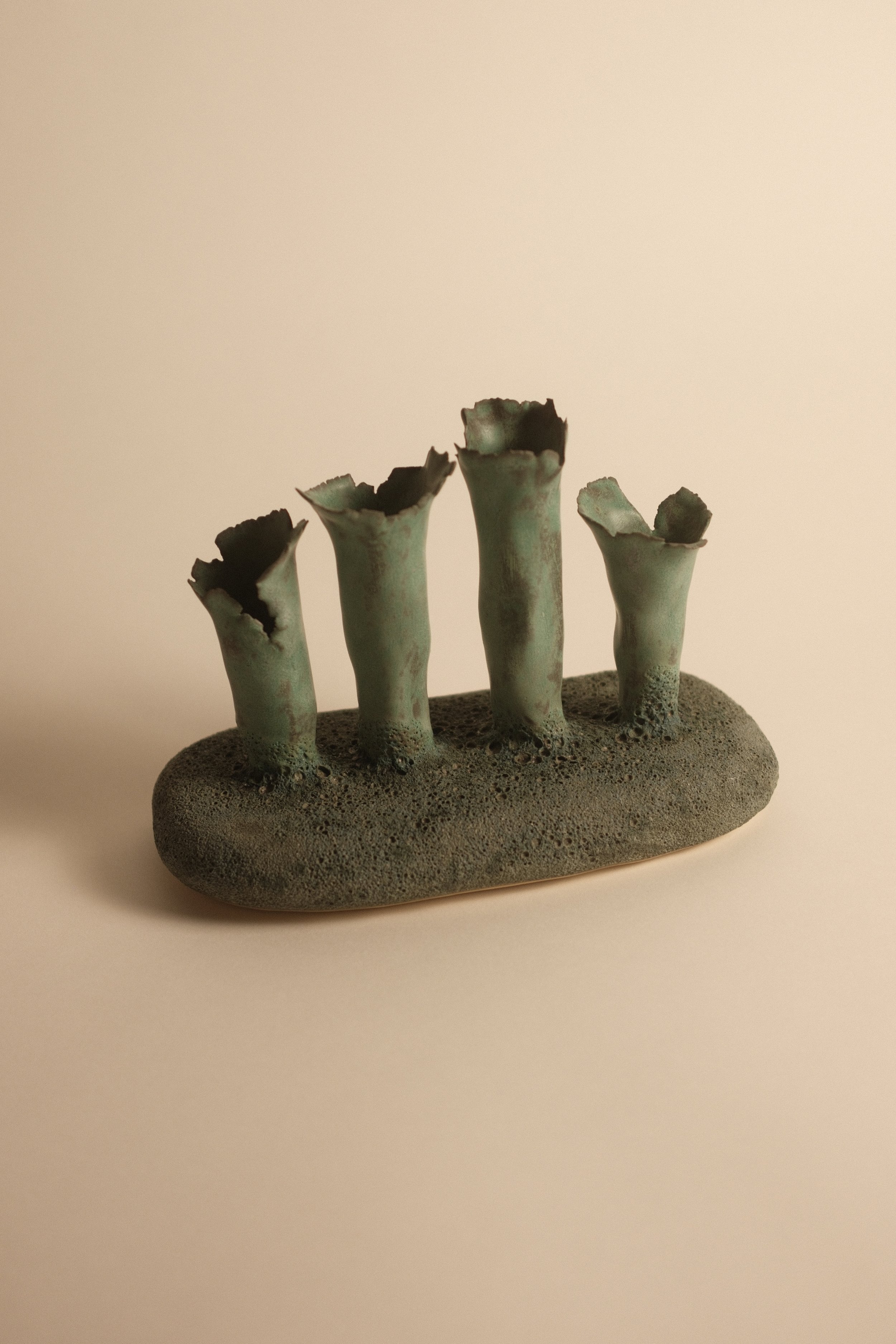 Stoneware Ceramic Two-tone textured glaze Bud Vase with 4 Organic Shape Prongs and Oval Base