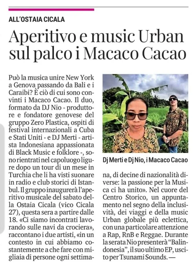 Newspaper article in Italian about an urban music event at Ostaiacicala featuring DJs Merti and Nio with Macaco Cacao, including a photo of two people, a woman with sunglasses and braided hair, and a man in sunglasses and a patterned shirt, standing outdoors in a green, tropical setting.