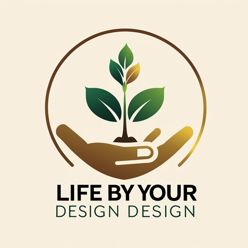 A logo featuring a hand holding a plant inside a circle, with text "Life by Your Design Design Design" below. One on one coaching offered.