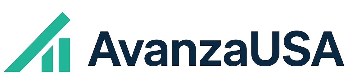 Logo con gráfico de barras ascendentes y texto 'AvanzaUSA' en letras grandes.