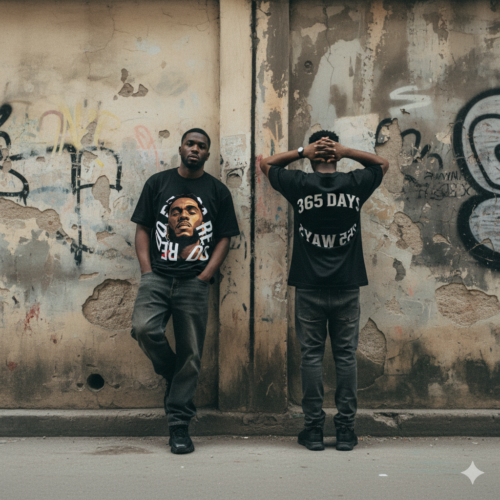 Two young men standing against a weathered, graffiti-covered wall. The man on the left leans casually with one foot on the wall, wearing a black T-shirt with a portrait of Nipsey Hussle and black jeans. The man on the right has his hands on his head,