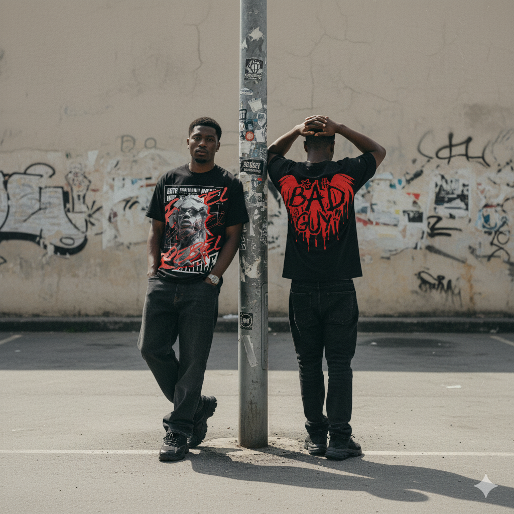 Two young men standing on a basketball court near a wall covered in graffiti, one facing forward with hands in pockets and the other facing away with hands on head, wearing black T-shirts with bold graphic designs.