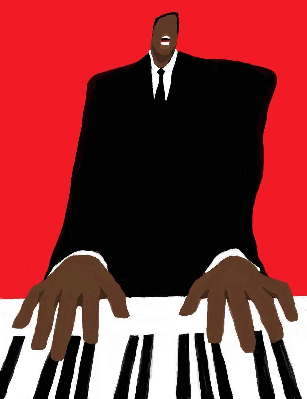 Illustration of a person in a black suit playing a piano with a red background.