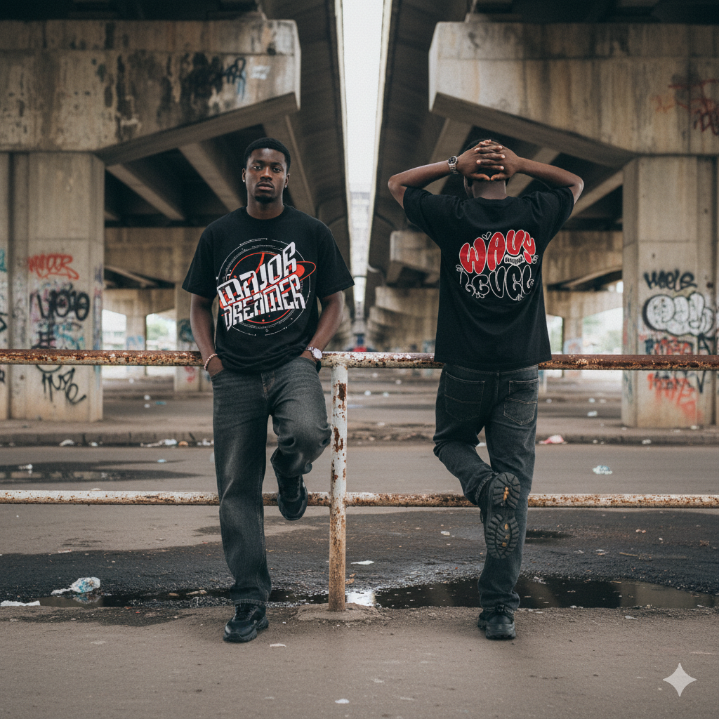 Two young men standing under a graffiti-covered bridge, with one facing forward and the other with his back to the camera, both casually leaning on a rusty metal railing.