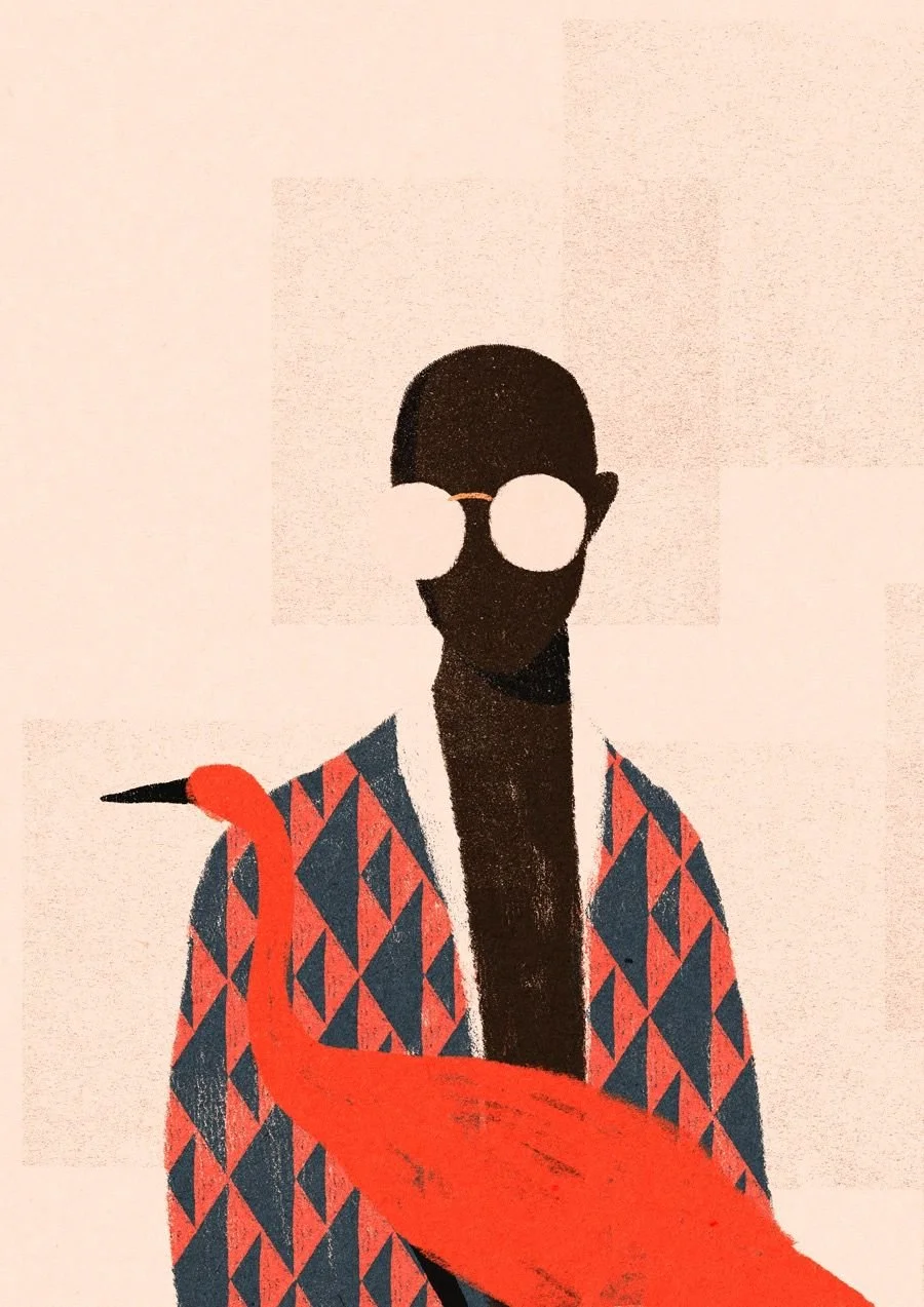 Minimalist illustration of a person with dark skin, short hair, white glasses, wearing a patterned jacket, with an orange flamingo in front, against a light background.