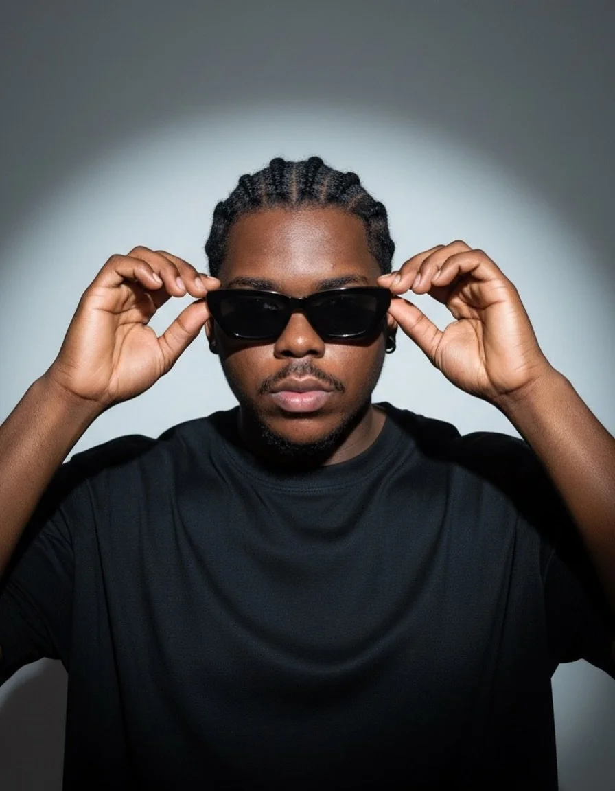 A young man with braided hair wearing sunglasses and a black shirt, adjusting his sunglasses, against a plain background.