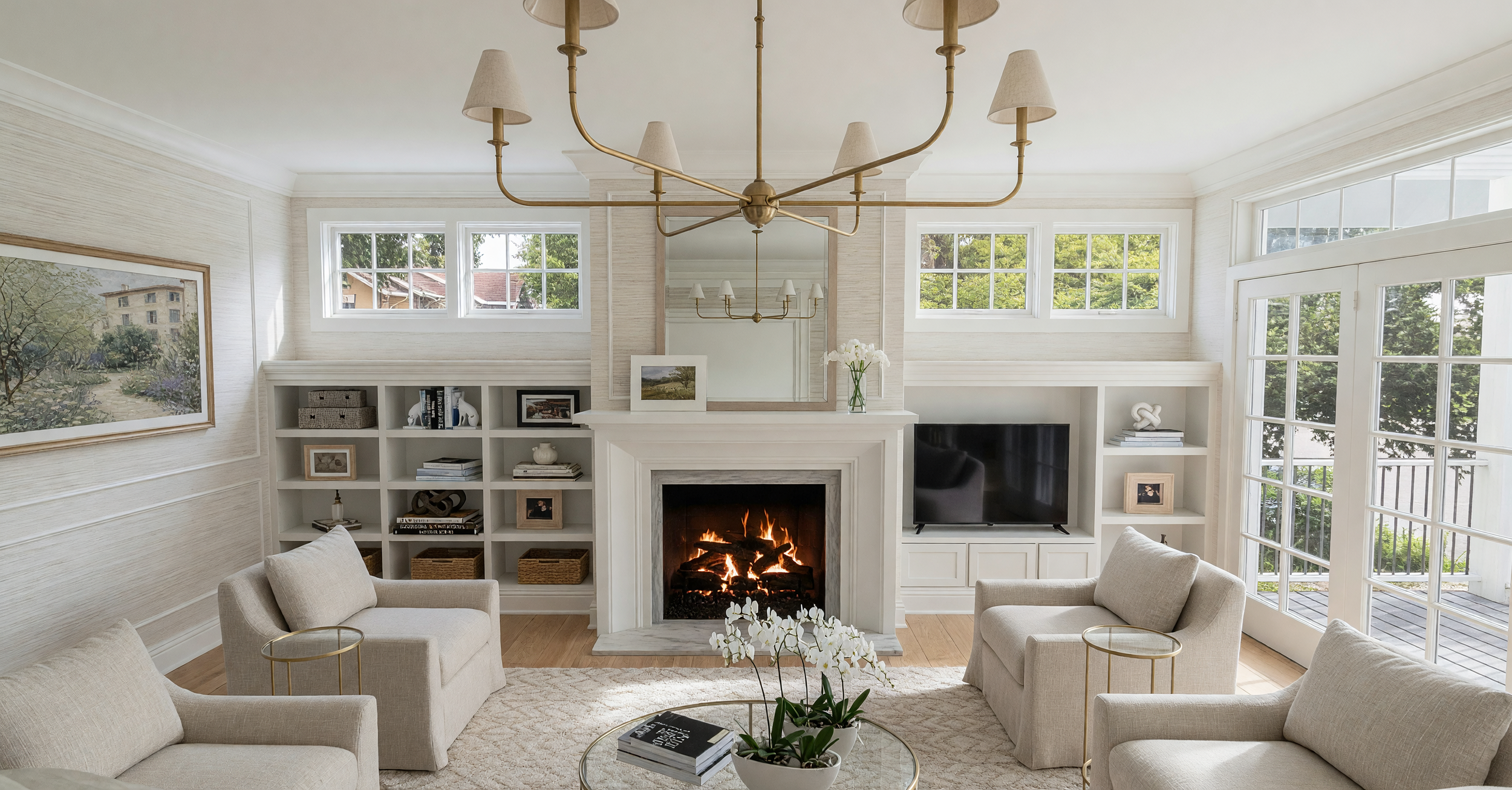 Living room with white walls, large windows, a fireplace, beige sofas, a glass-topped coffee table with books, a TV, artwork, and a modern chandelier.