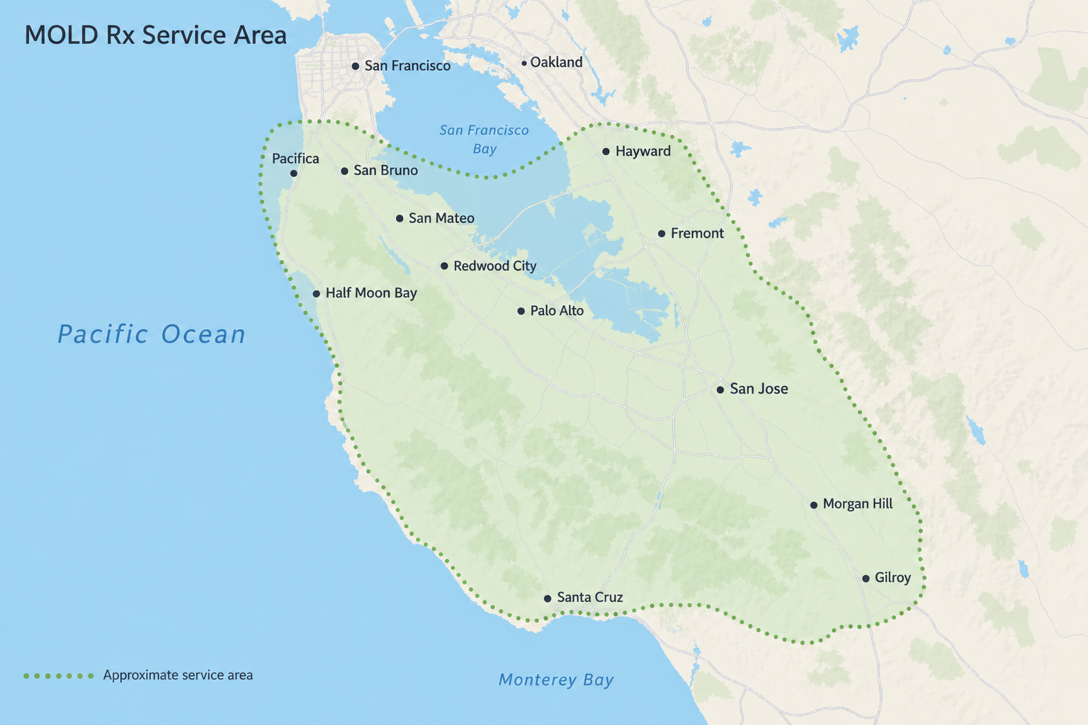 Bay Area map showing the approximate MOLD Rx service area outlined in light green dots, from Pacifica and San Bruno across to Hayward, south through San Jose to Santa Cruz and Gilroy.