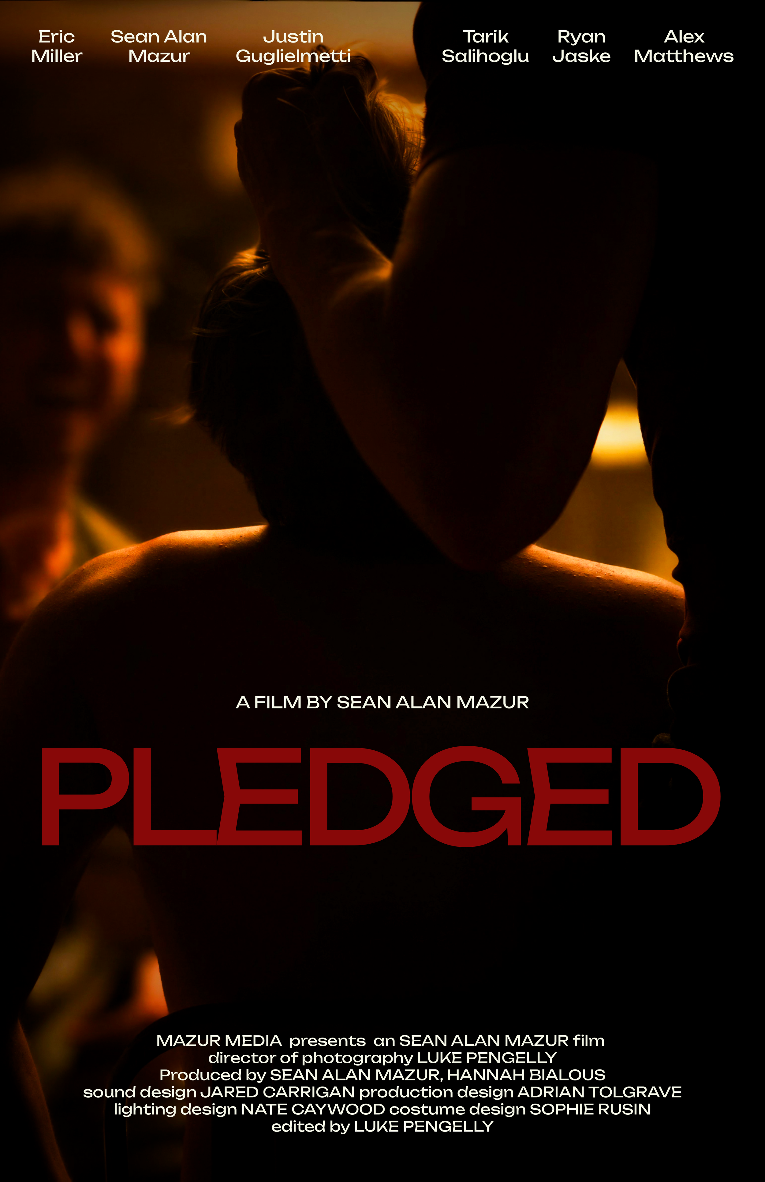 Silhouette of a person with long hair in front of a sunset, with overlay text that reads 'Pledged' and credits for the film by Sean Alan Mazur.