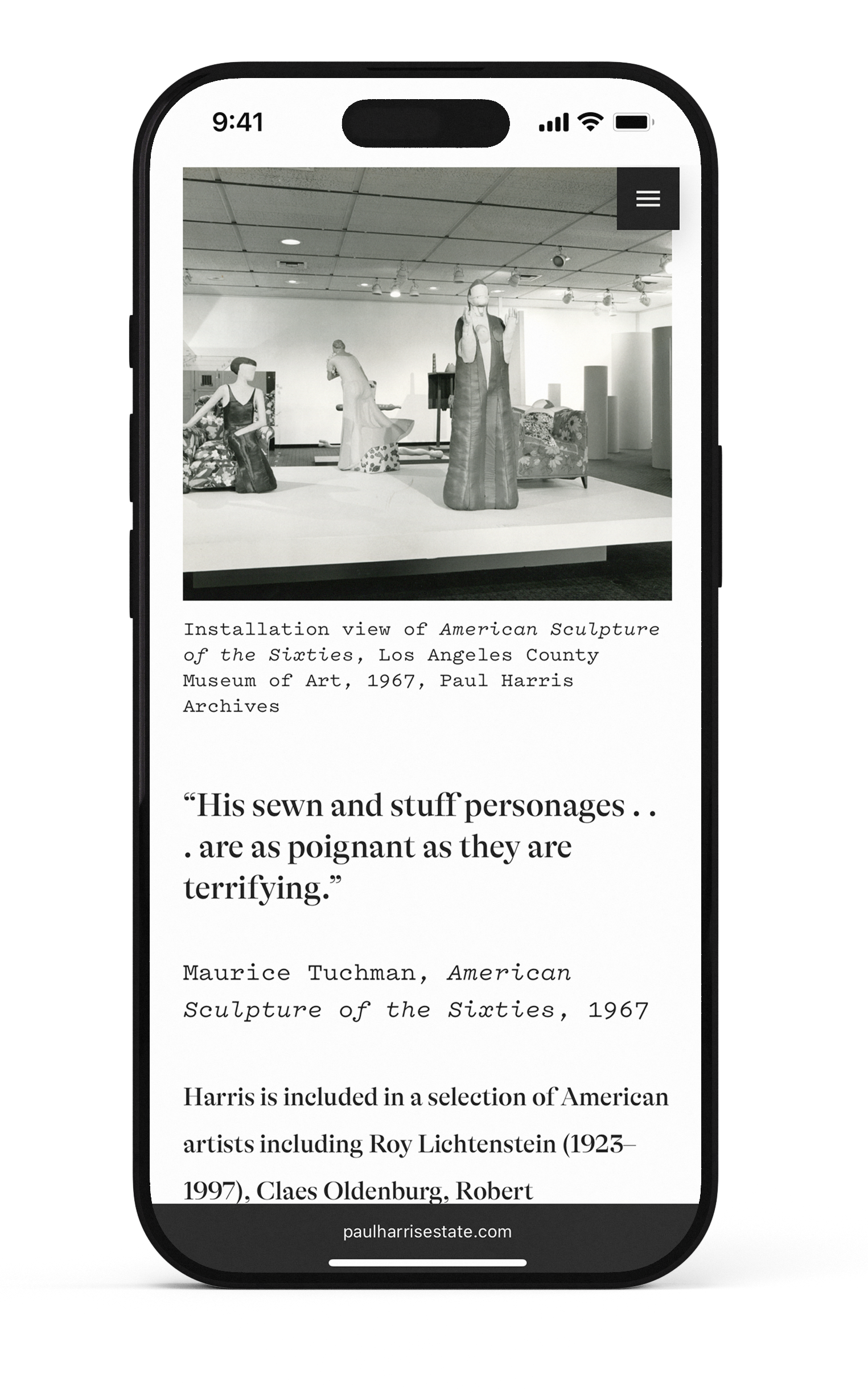 Smartphone displaying an art exhibit with sculptures and text about American sculpture of the sixties, including a quote by Maurice Tuchman.