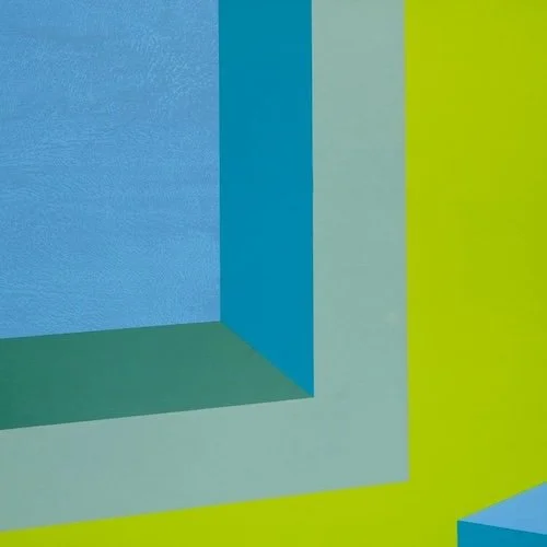 Abstract geometric artwork featuring overlapping rectangles in shades of blue, green, yellow, and pink, with a textured background in blue.