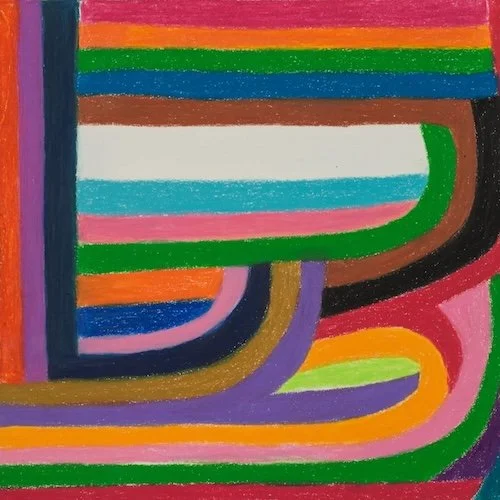 Colorful abstract drawing with curved rainbow-like stripes and lines in red, orange, yellow, green, blue, purple, and black.
