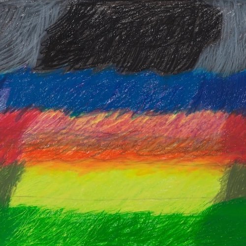 Colorful crayon drawing of a landscape with a dark stormy sky, a river, a red and orange sunset, and green grassy fields.
