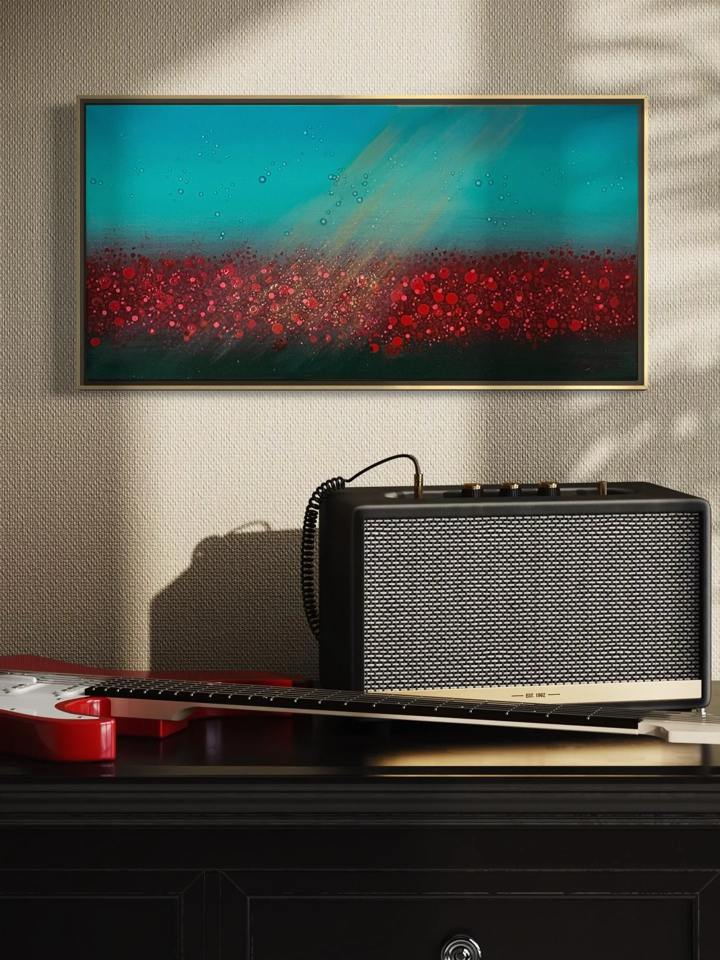 Here is the first one of 2026 ❤️🩵 &ldquo;Sun rain&rdquo; 12x24, acrylic and oil on canvas, available 
@mwolfe.art 
#abstractlandscape #artforsale #artforyourhome #poppyfield #acrylicpainting