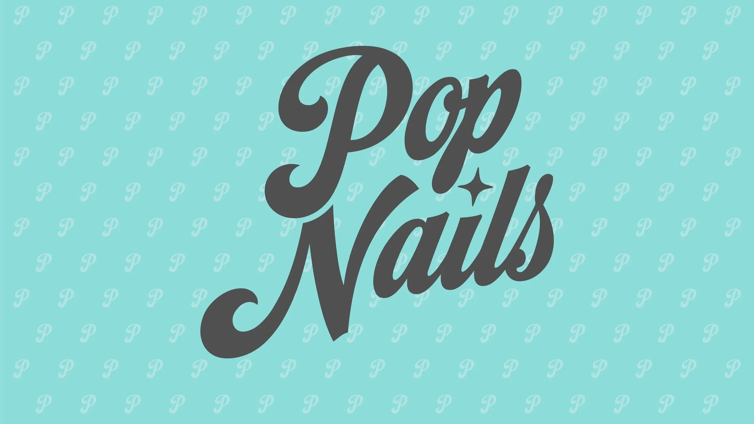 Logo of Pop Nails with a light blue background featuring a pattern of small white "P" letters and a darker blue "Pop Nails" text in the center