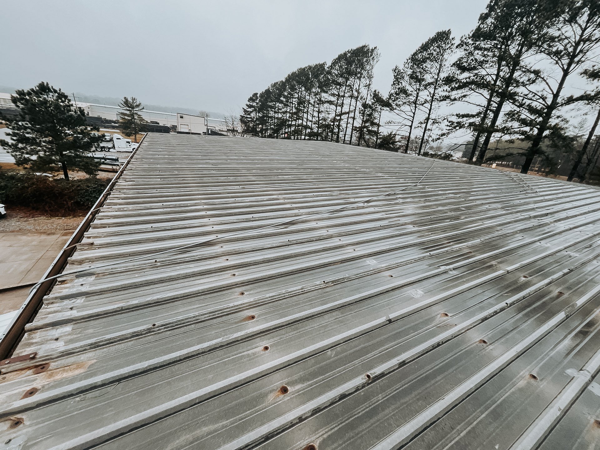 Metal roof with visible screws, surrounded by trees and cloudy sky.