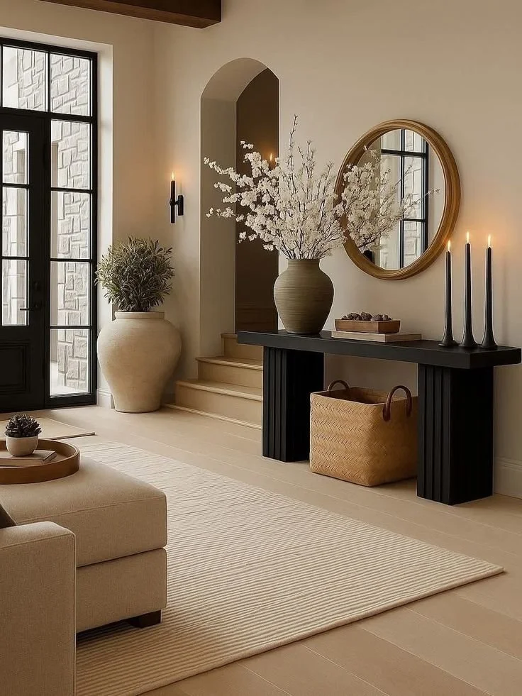 A modern living room corner with a black fireplace mantel, a round mirror, white floral arrangement in a beige vase, black candlesticks with lit candles, a large beige ceramic pot with a plant, a beige sofa, a neutral striped rug, and a large woven basket.