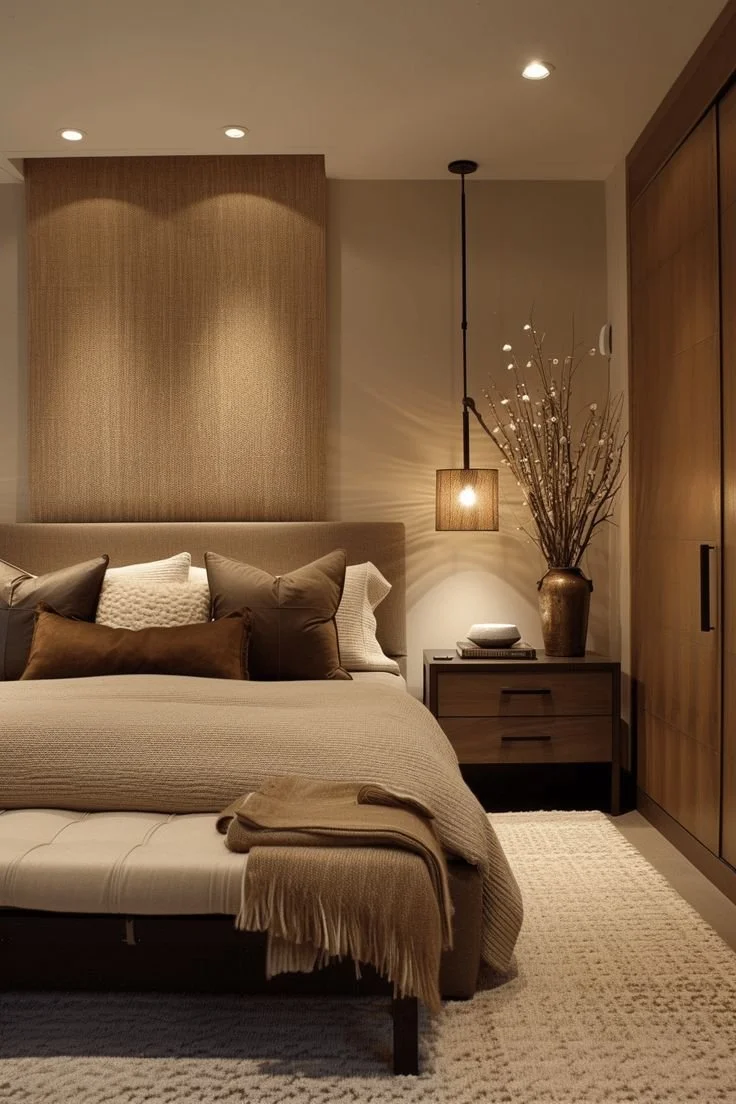 A cozy bedroom with a neatly made bed, decorative pillows, a nightstand with a vase of branches, and a hanging pendant light.
