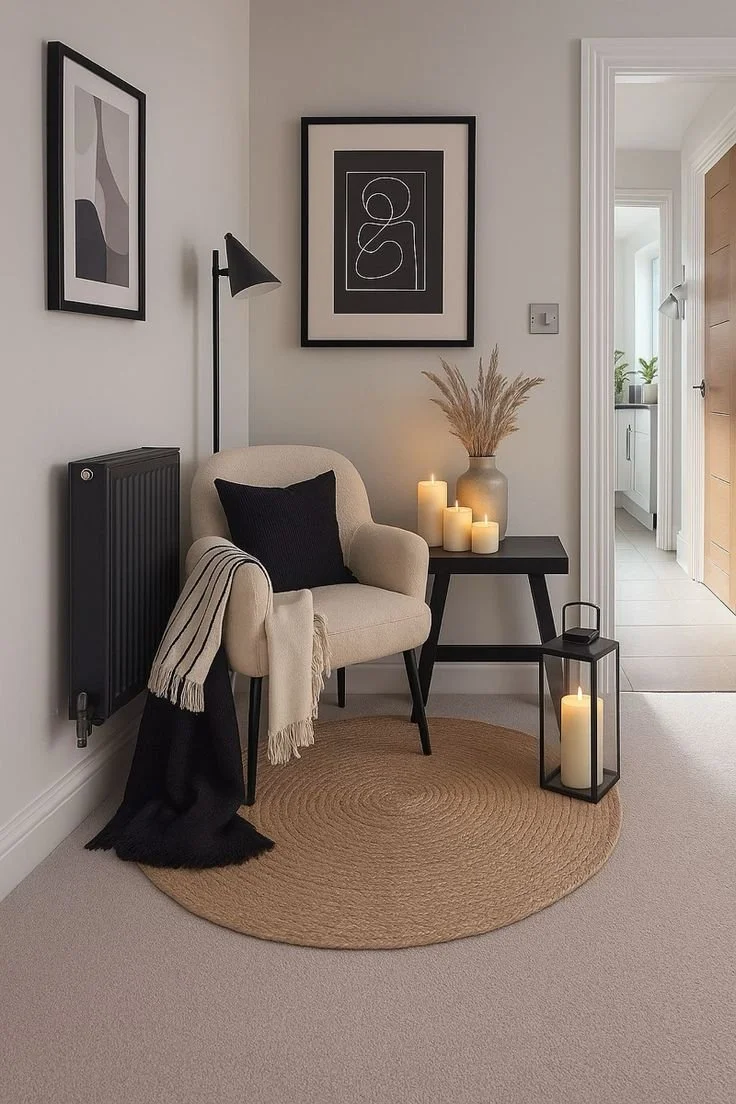 Cozy corner with beige armchair, black throw pillow, black side table with candles and dried grass, circular woven rug, framed abstract art, wall-mounted lamp, and candles inside and outside lanterns.