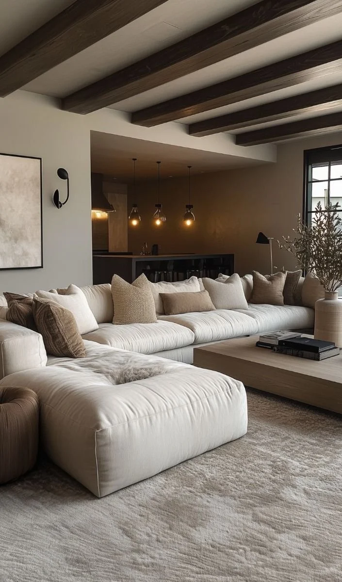Living room with white sectional sofa, beige cushions, wooden coffee table, and decorative vase with branches. Modern interior with wood-beamed ceiling, wall-mounted light, and kitchen area with pendant lights in the background.