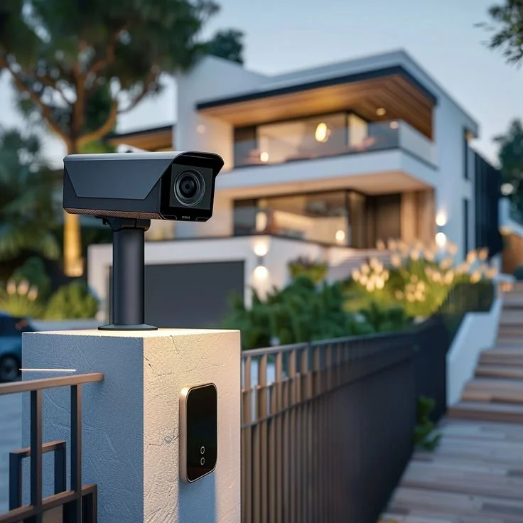 A modern house with a security camera mounted on a white stone pillar near the entrance.