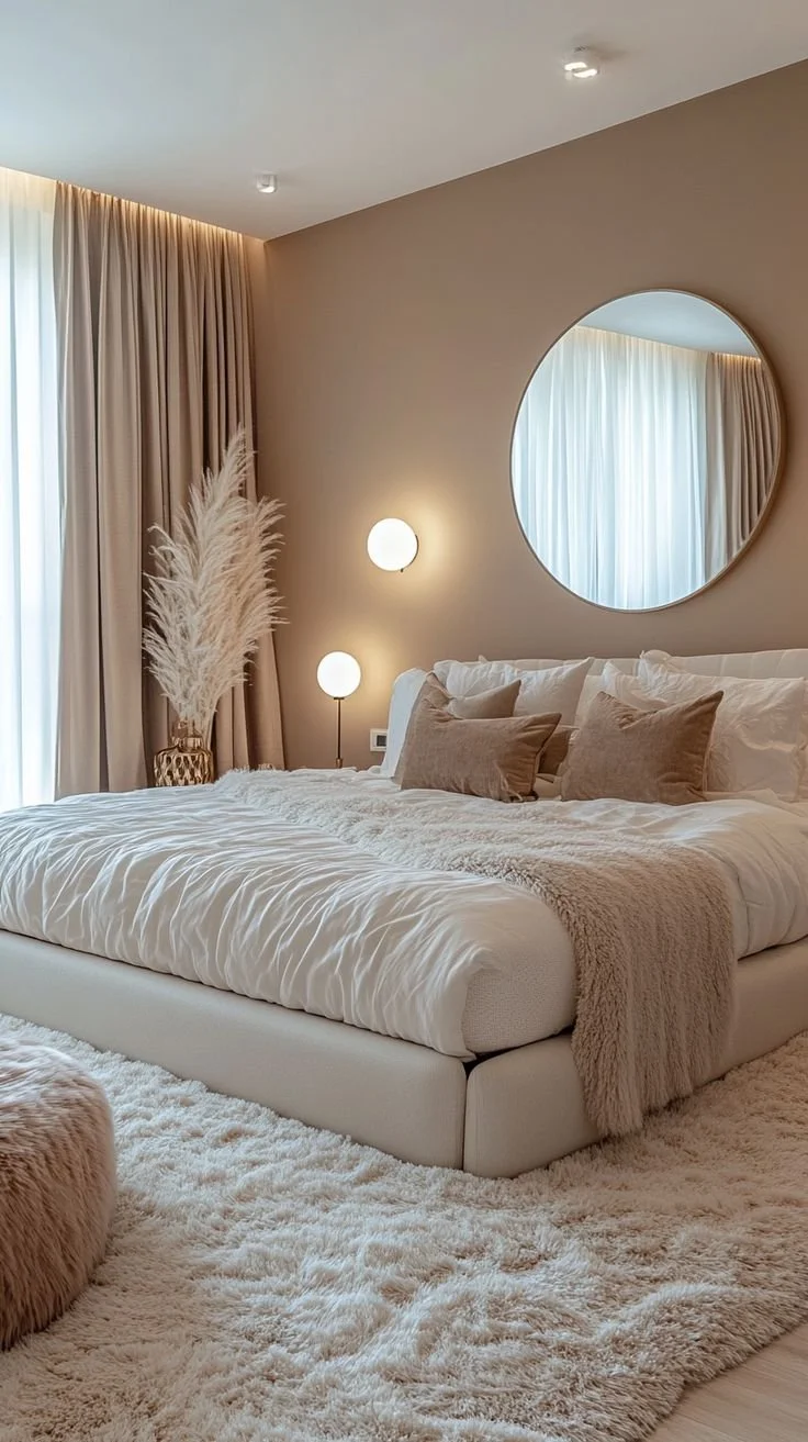 A modern bedroom with beige walls, a large bed with beige and white bedding, matching pillows, a fluffy beige throw, a shaggy area rug, a circular mirror on the wall, and warm lighting including curtains and a lamp.